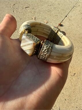 Antique Large Silver Tone Bone Agate Bracelet